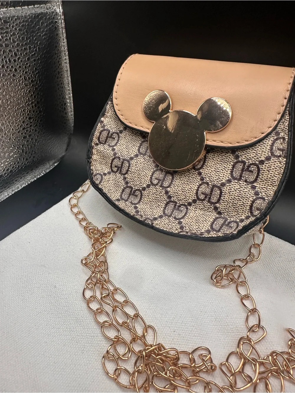 Beige Patterned Crossbody Bag with Gold Accent